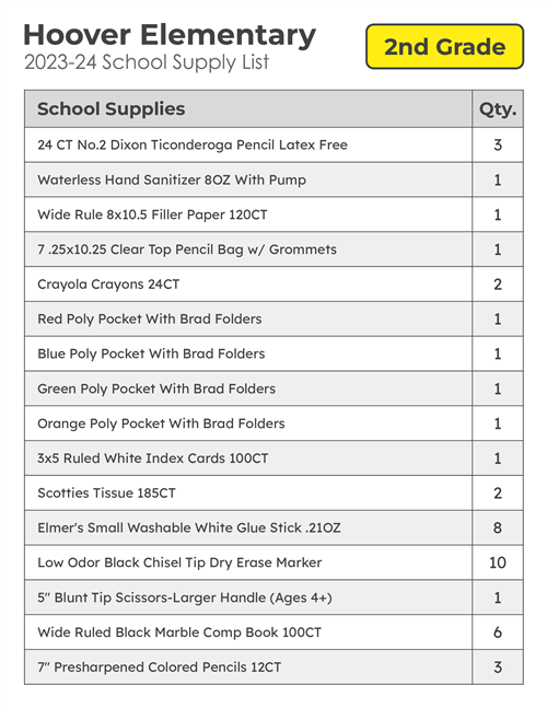 Hoover Elementary 2nd Grade School Supplies