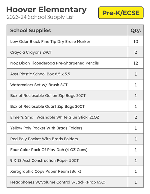 Hoover Elementary Pre-K/ECSE School Supplies