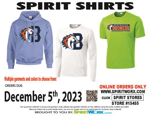 Spirit Shirts www.spiritworx.com click spirit stores store #15455 orders due 12/5/23