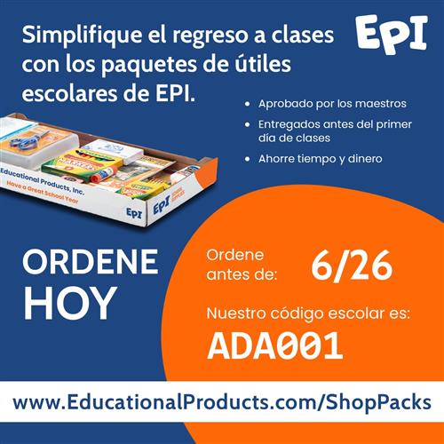 Simplifique el regreso a clases con los paquetes de utiles escolares de EPI. Ordene antes de 26/6. codigo escolar: ADA001